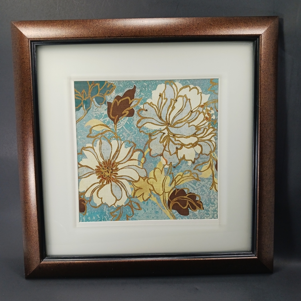 BED BATH & BEYOND 15" Square Framed Floral Artwork with Gem Accents Like New